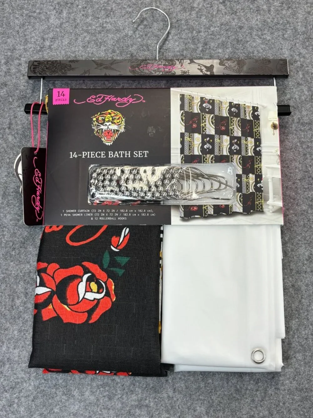 Ed Hardy Shower Curtain Set w 14 Piece w Hooks & Liner Black White Love Slowly